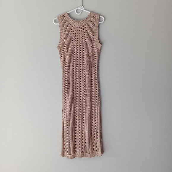 NEW Tahari Crochet Maxi Dress Scoopneck Sleeveless Swim Coverup Beige Tan Large - Picture 11 of 12